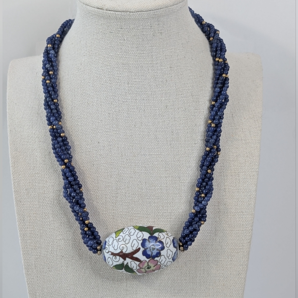 Sterling, Lapis, & Cloisonne Vintage Necklace - Luxury Gemstone Estate Jewelry